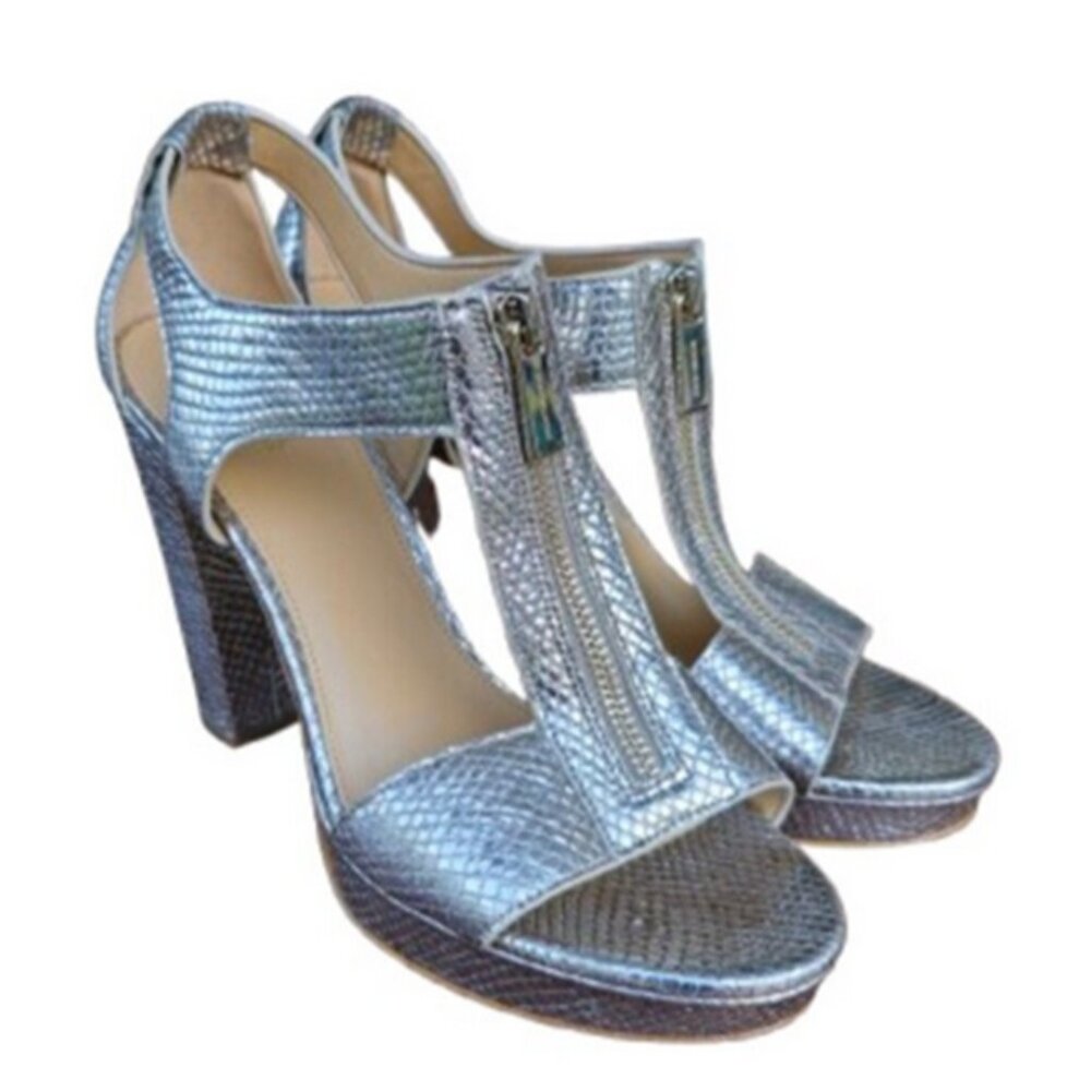 Michael Kors Women 8.5 Berkley Gold Leather T-Strap Zipper Platform Sandal Heels - Picture 2 of 11